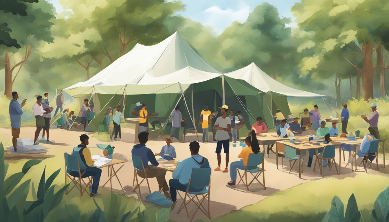 A group of individuals gather in an outdoor setting, surrounded by nature and wildlife. Tents and educational materials are set up, while instructors lead activities and demonstrations