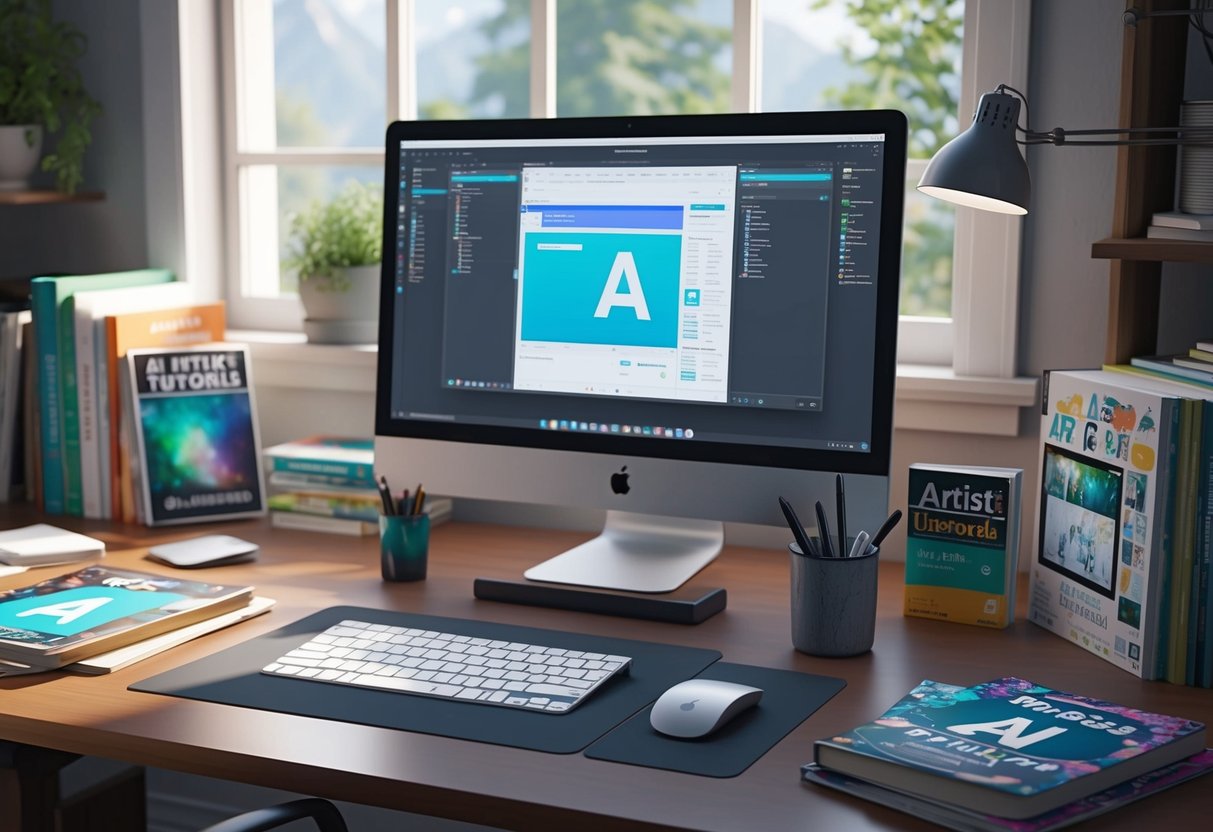 An artist's desk with a computer, tablet, and stylus surrounded by AI art books and tutorials. A window lets in natural light, creating a cozy workspace