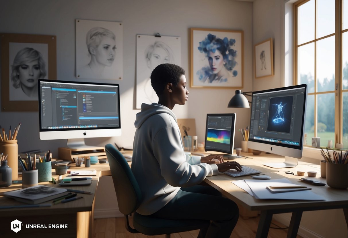 A person sitting at a desk with a computer, surrounded by art supplies and AI software. The room is filled with natural light, and there are sketches and paintings on the wall