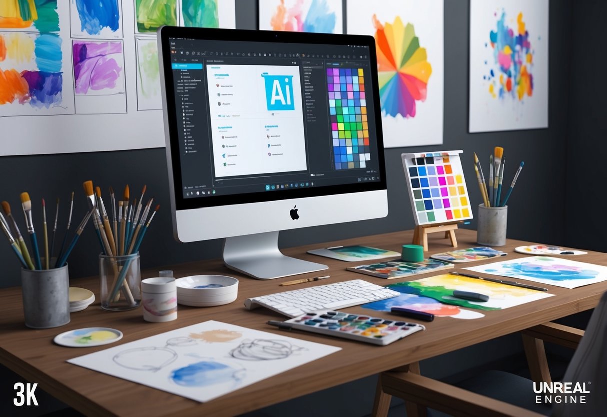 An artist's desk with a computer displaying AI art software, surrounded by paintbrushes, color palettes, and sketches of various art styles