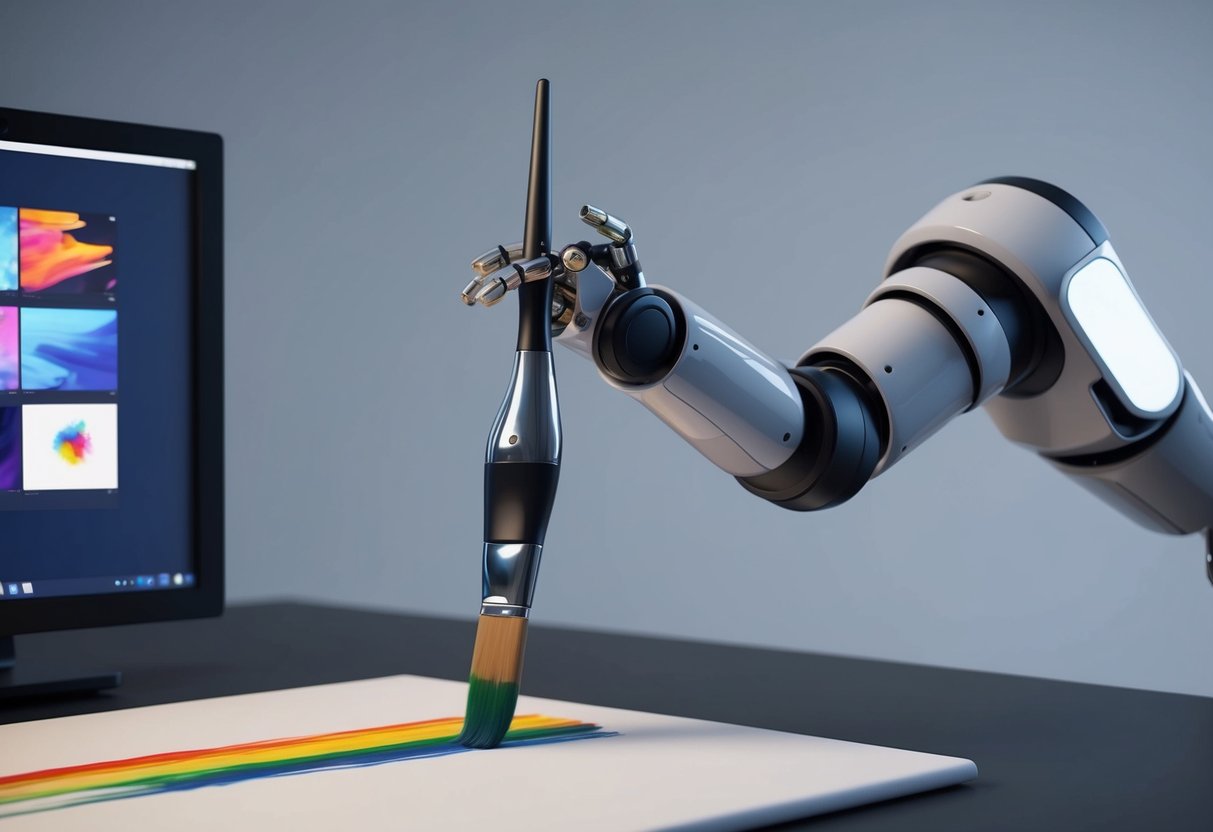 A robot arm holding a paintbrush, creating colorful strokes on a blank canvas, with a computer screen displaying AI-generated images in the background