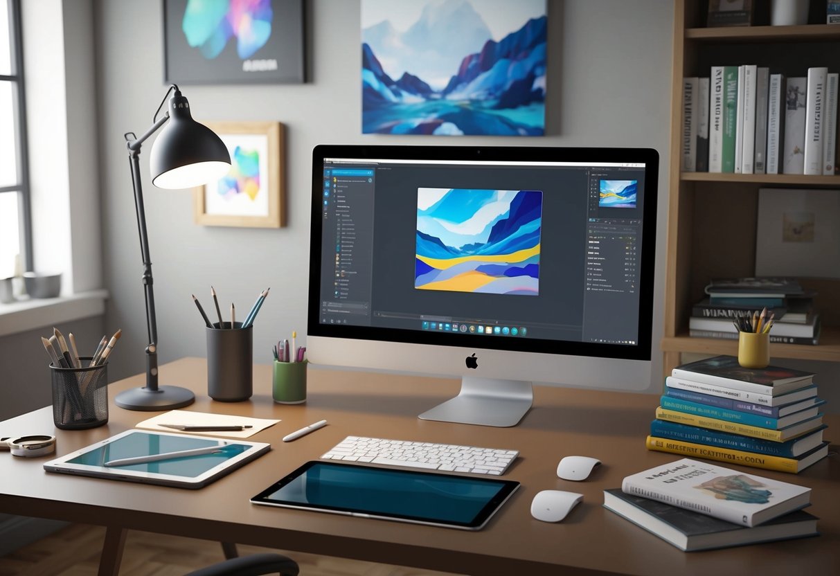 An artist's desk with a computer, tablet, and stylus surrounded by art supplies and reference books on AI art techniques