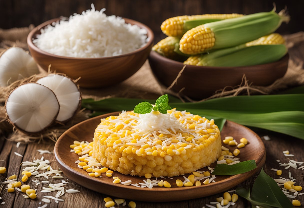 Um bolo de milho caseiro com coco ralado está em uma mesa de madeira rústica, cercado por espigas de milho frescas e uma tigela de coco ralado.