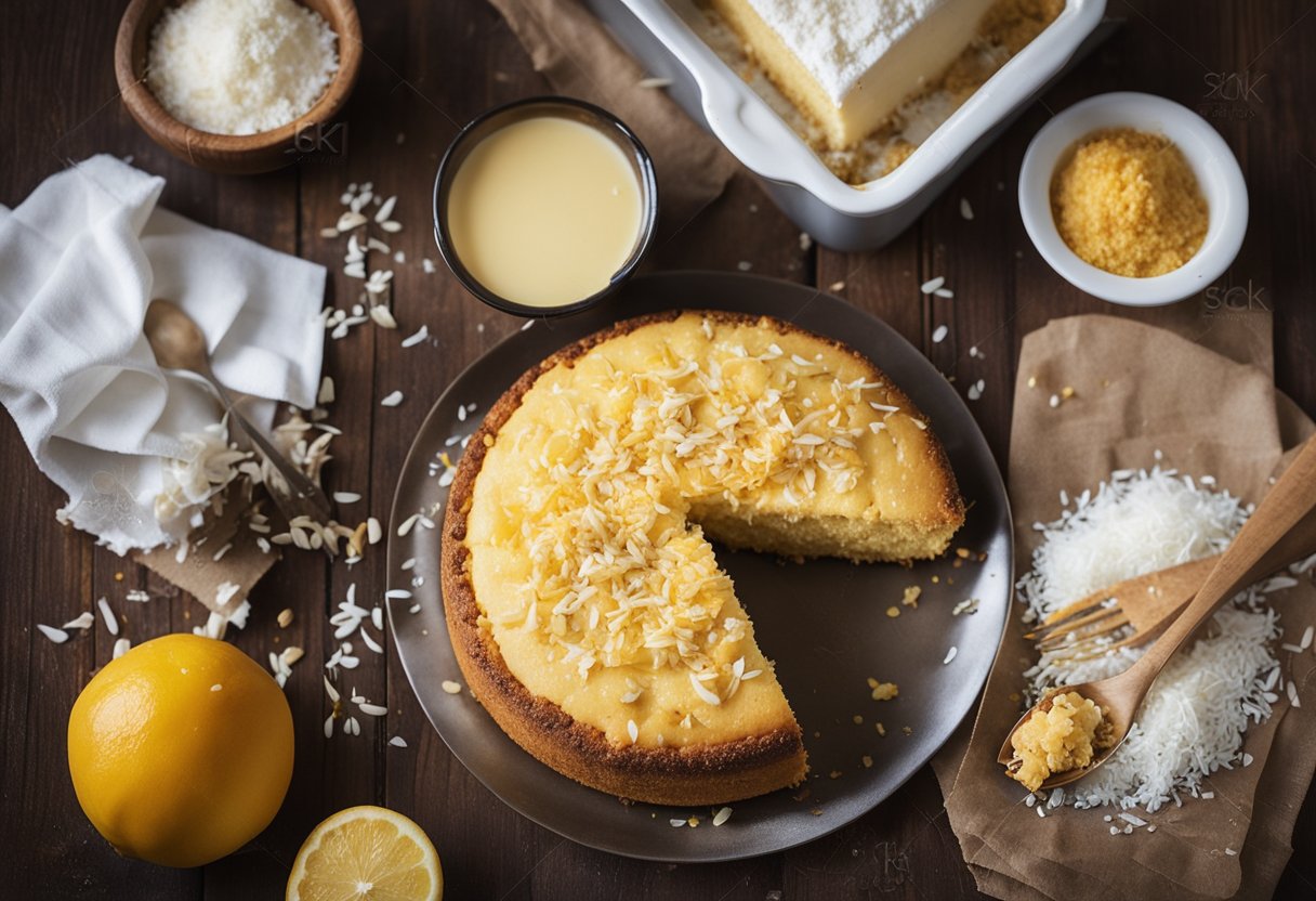 Uma mesa de cozinha rústica com um bolo de fubá recém-assado coberto com coco ralado, cercada por ingredientes espalhados e um cartão de receita escrito à mão.