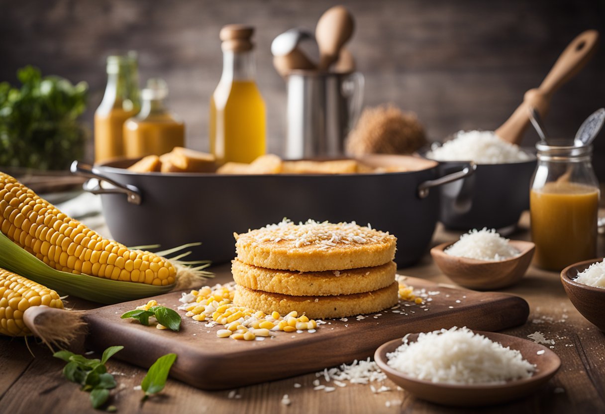 Uma bancada de cozinha rústica com um bolo de milho caseiro recém-assado coberto com coco ralado, cercada por ingredientes e utensílios de cozinha.