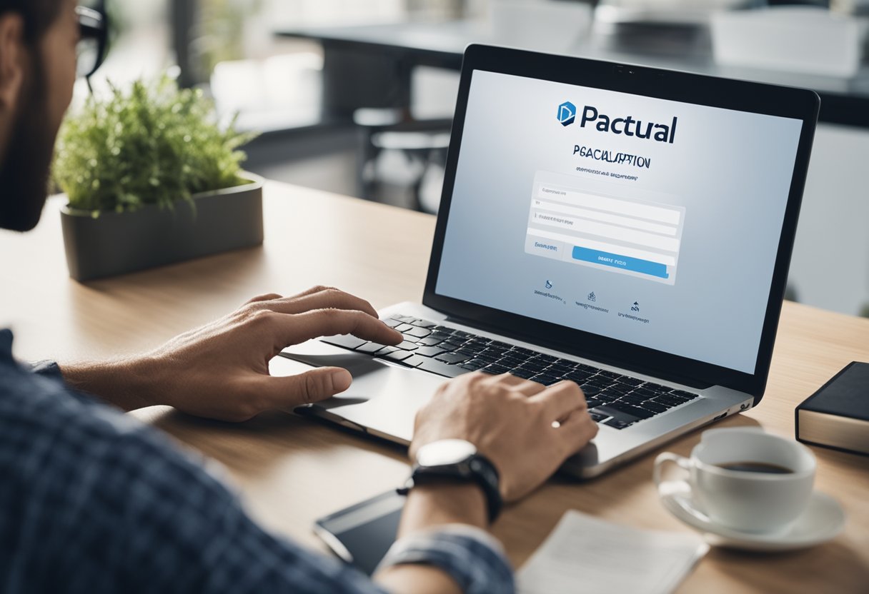 Uma pessoa sentada em uma mesa com um laptop, preenchendo um formulário de solicitação de empréstimo online, com o logo do BTG Pactual visível na tela.