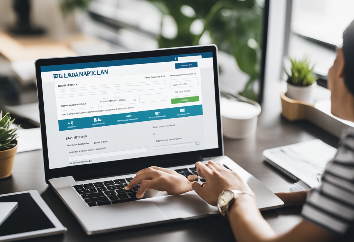 Uma pessoa sentada em um computador, preenchendo um formulário de solicitação de empréstimo online no site do BTG Pactual