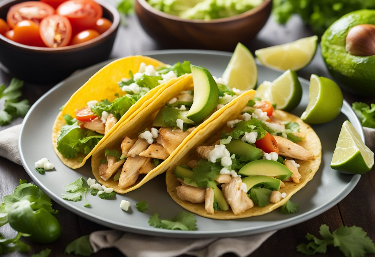 Um prato de tacos saudáveis de frango e abacate, cercado por ingredientes frescos como alface, tomates e fatias de limão, pronto para ser saboreado como uma opção nutritiva para o jantar.