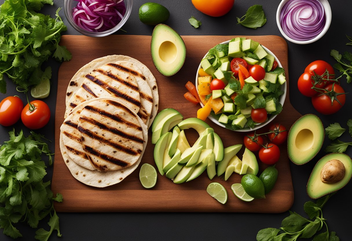 Uma variedade colorida de ingredientes frescos: frango grelhado, abacate maduro, vegetais vibrantes e tortilhas integrais dispostas em uma tábua de madeira.