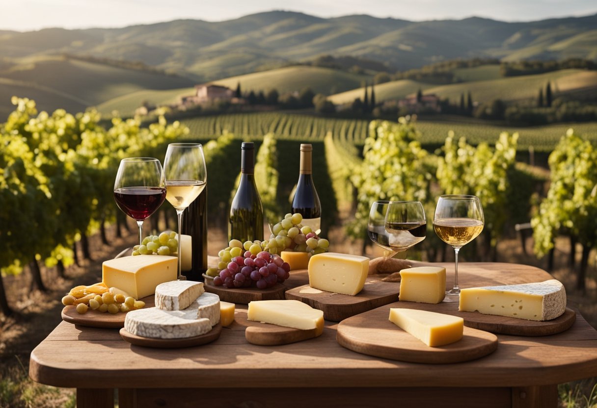 Uma mesa rústica italiana coberta com uma variedade de queijos, pães e garrafas de vinho, com um fundo de colinas ondulantes e vinhedos