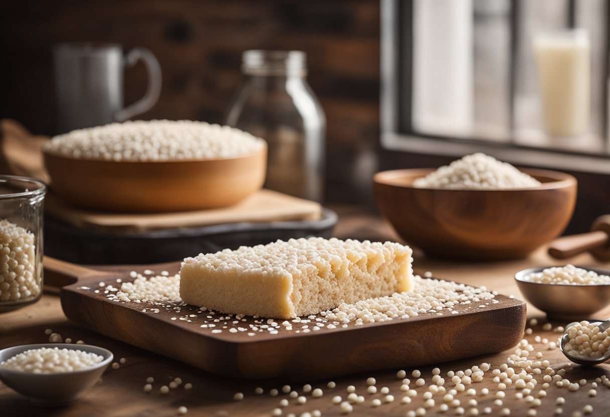 Uma bancada de cozinha rústica com um bolo de tapioca recém-assado esfriando em uma grade, cercado por pérolas de tapioca espalhadas e uma colher de madeira.