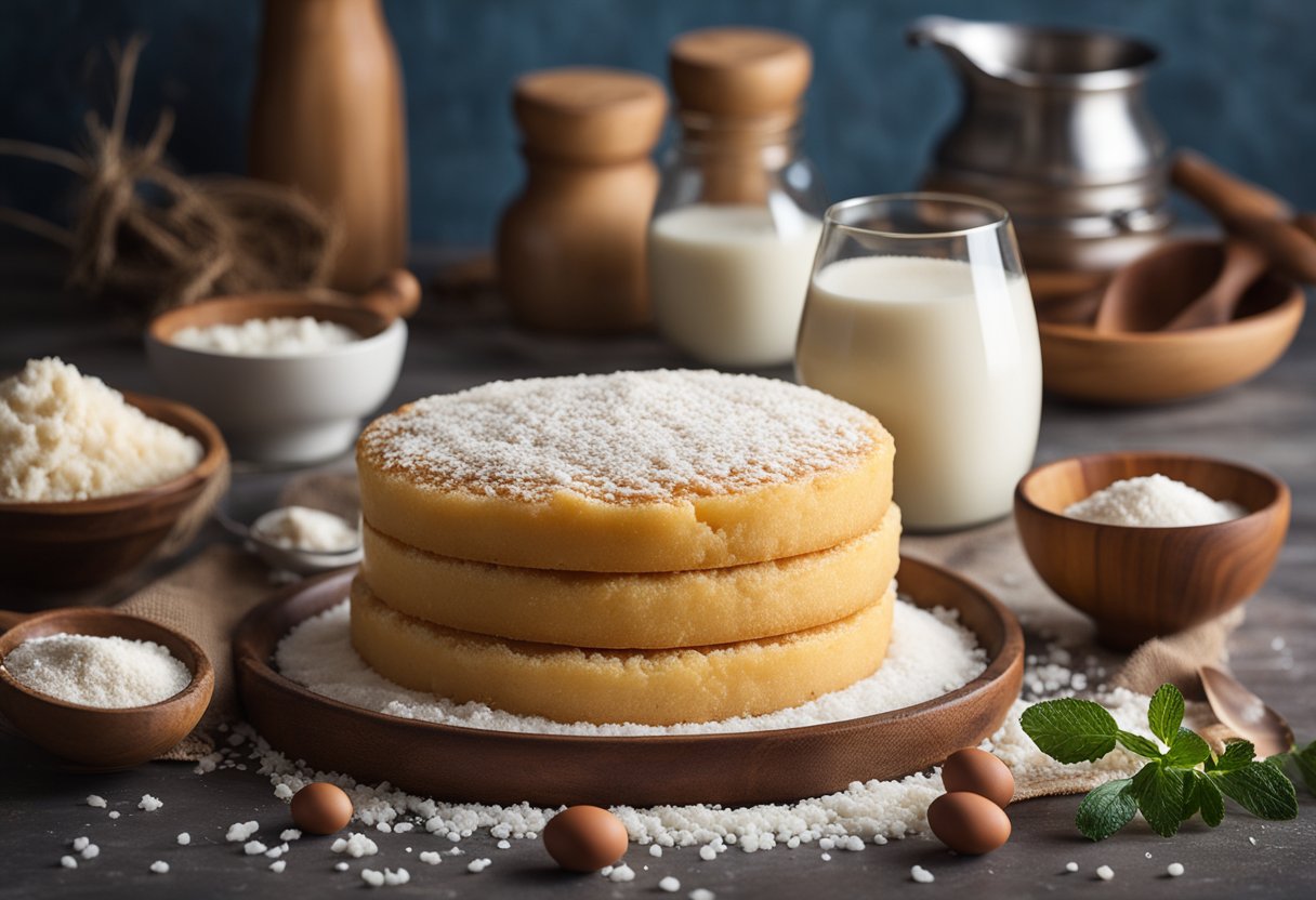 Uma mesa de cozinha rústica com um bolo de tapioca caseiro recém-assado, cercada por ingredientes como farinha de tapioca, leite de coco e ovos.