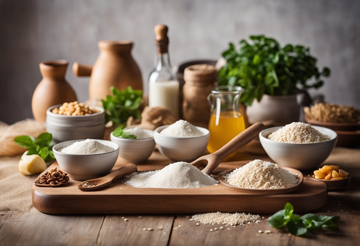 Uma bancada de cozinha rústica com ingredientes e utensílios para fazer bolo de tapioca caseiro sem glúten