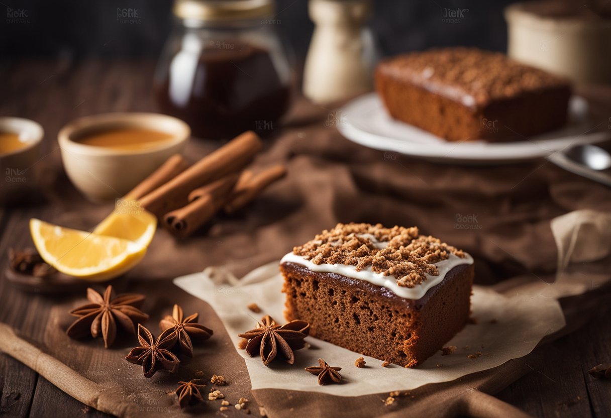 Um bolo de especiarias com melaço caseiro esfriando em uma grade, cercado por especiarias espalhadas e um cartão de receita vintage.