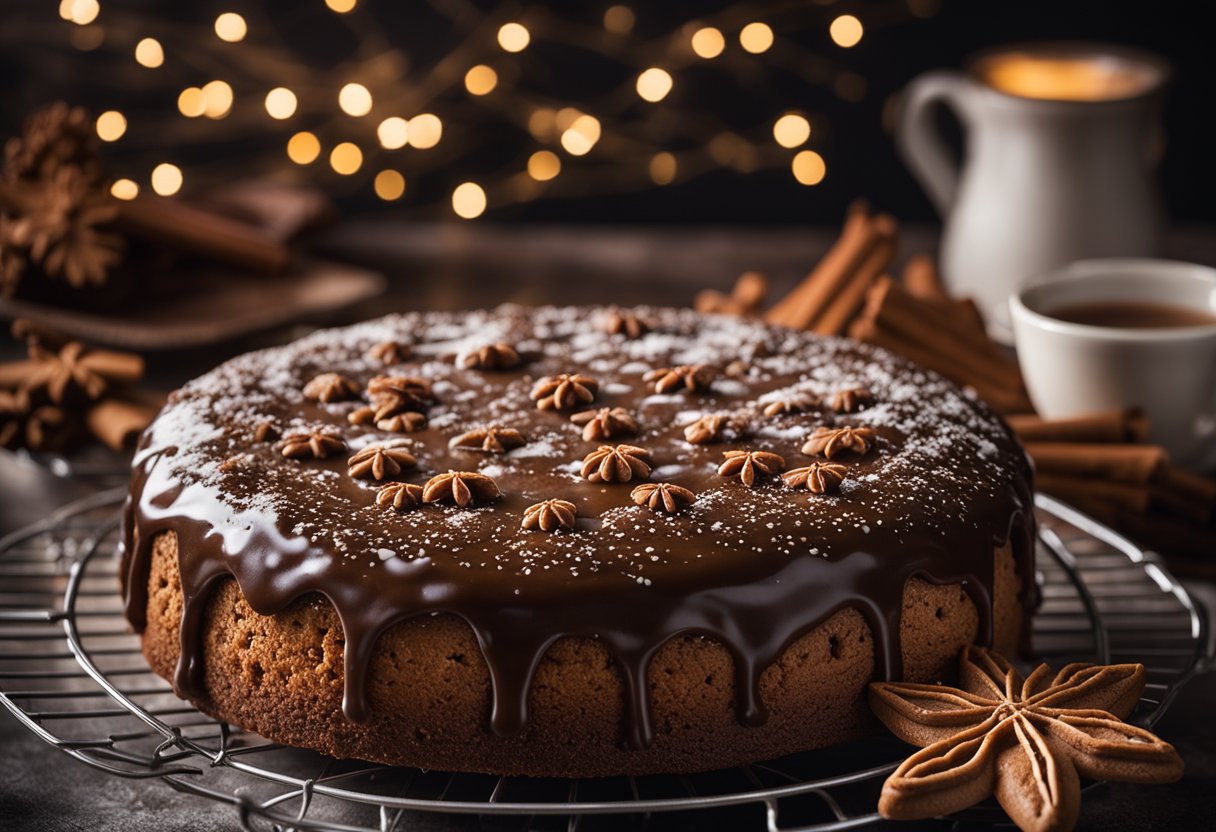 Um bolo de gengibre caseiro com melaço, canela e cravo, esfriando em uma grade de arame