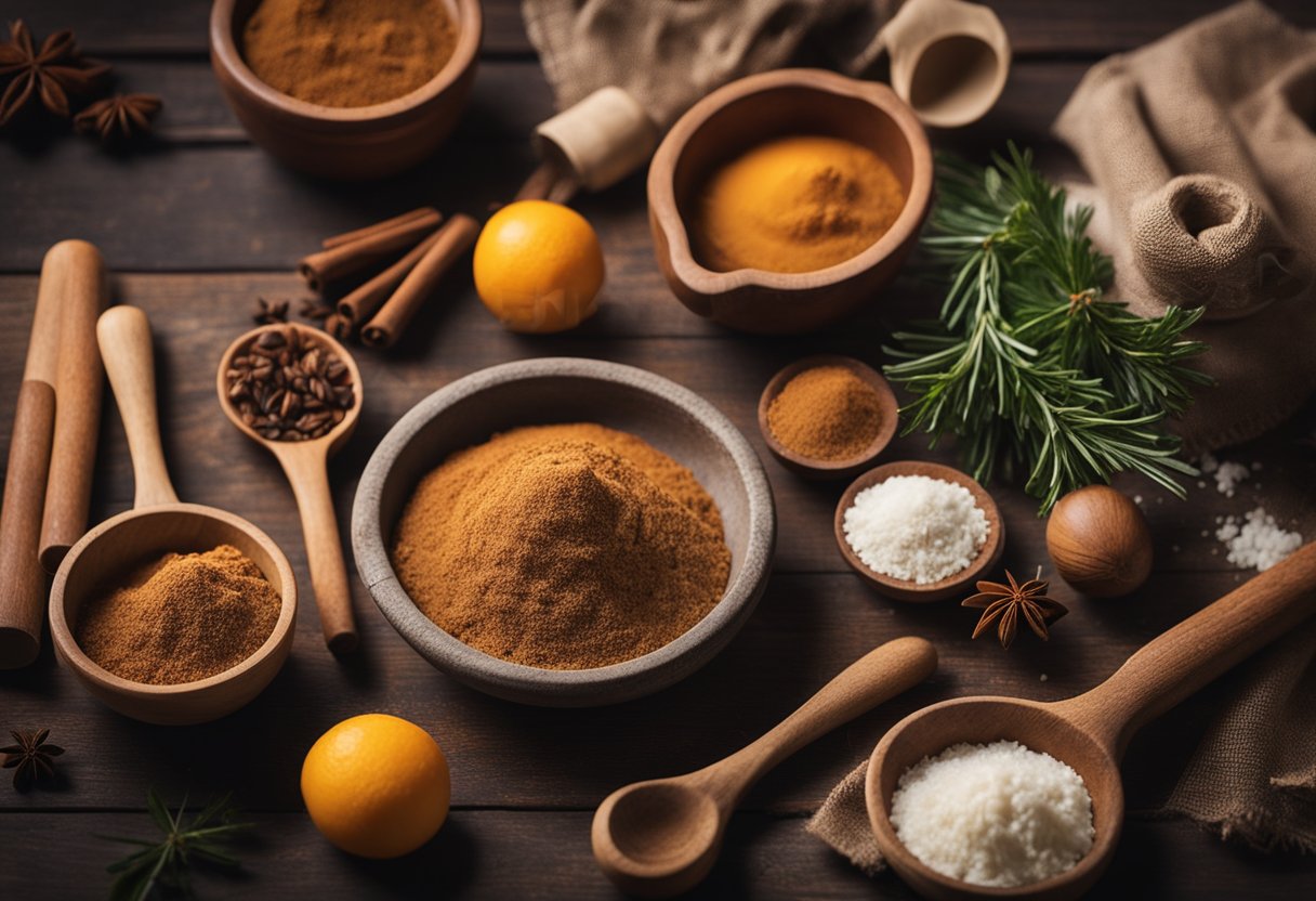 Uma cena de cozinha rústica com ingredientes e utensílios para fazer bolo de especiarias com melaço caseiro