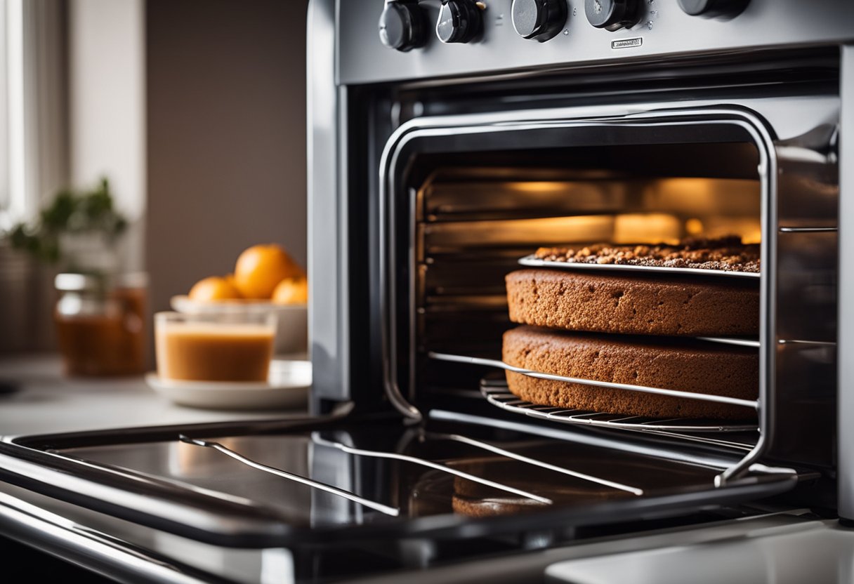 Um bolo de especiarias de melaço caseiro assando no forno, preenchendo a cozinha com aromas quentes e doces