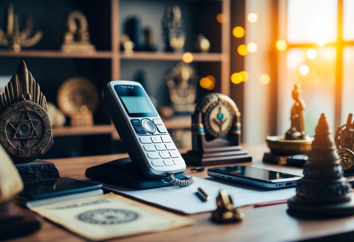 A phone ringing on a cluttered desk, surrounded by ancient artifacts and mystical symbols