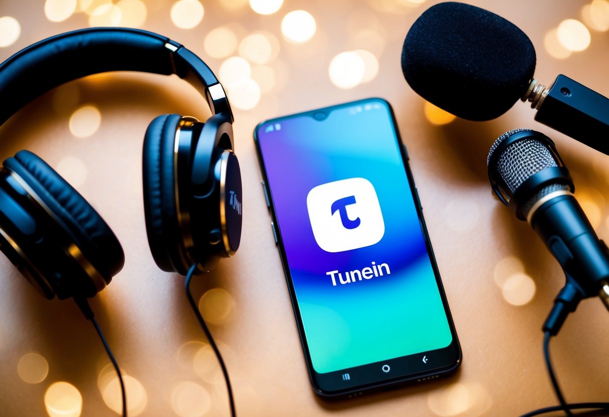 TuneIn Contact Phone Number A smartphone with the TuneIn app open, surrounded by headphones and a microphone
