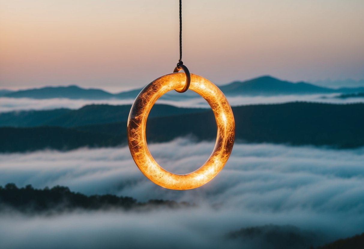 A glowing, ancient ring suspended in a misty, ethereal landscape