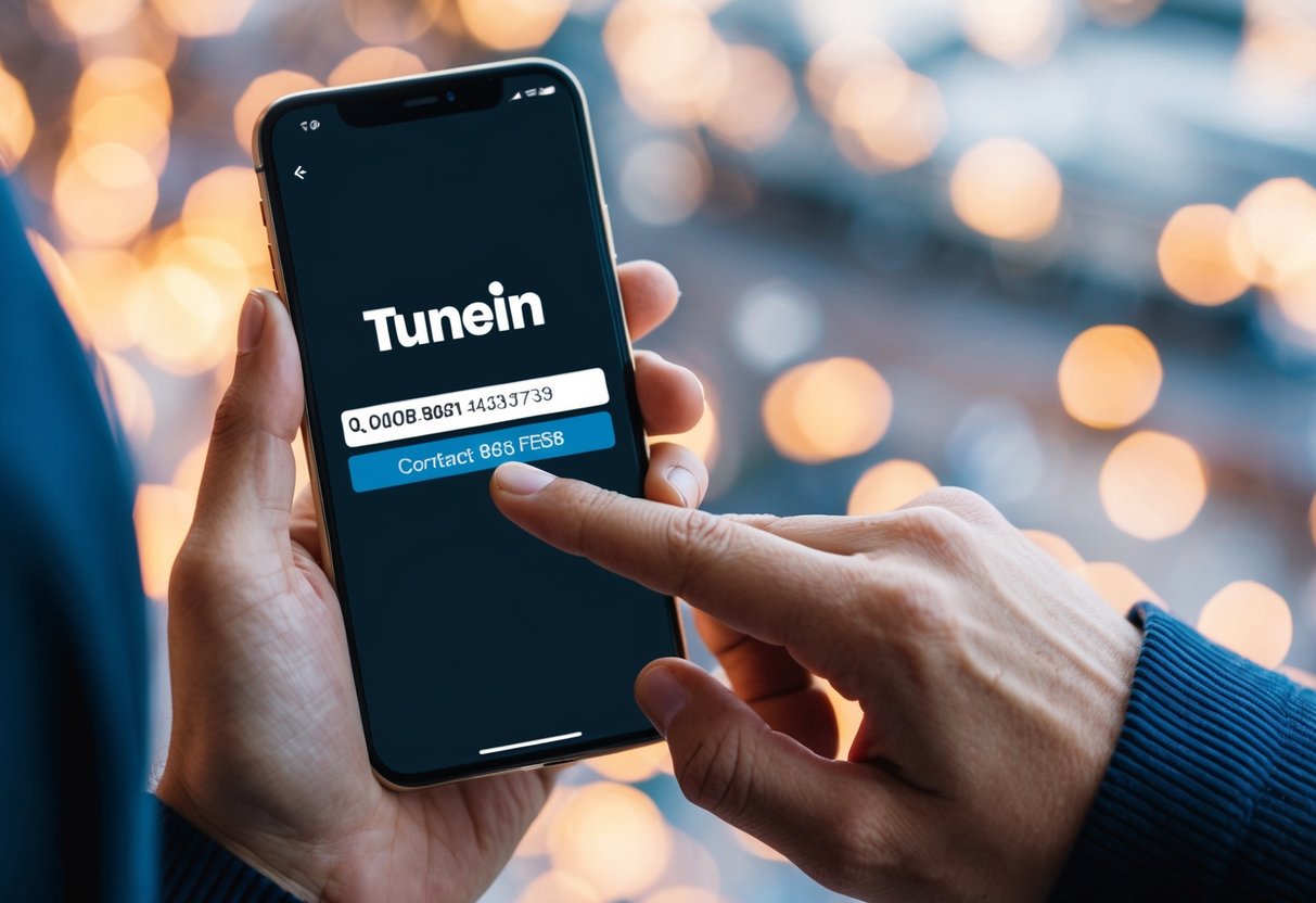 TuneIn Contact Phone Number A person using a smartphone to search for the TuneIn contact phone number