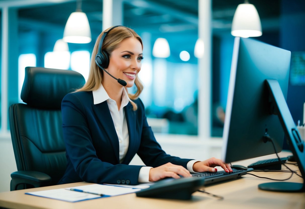 A customer service representative sitting at a desk with a phone, computer, and headset, ready to assist with Elden Ring support