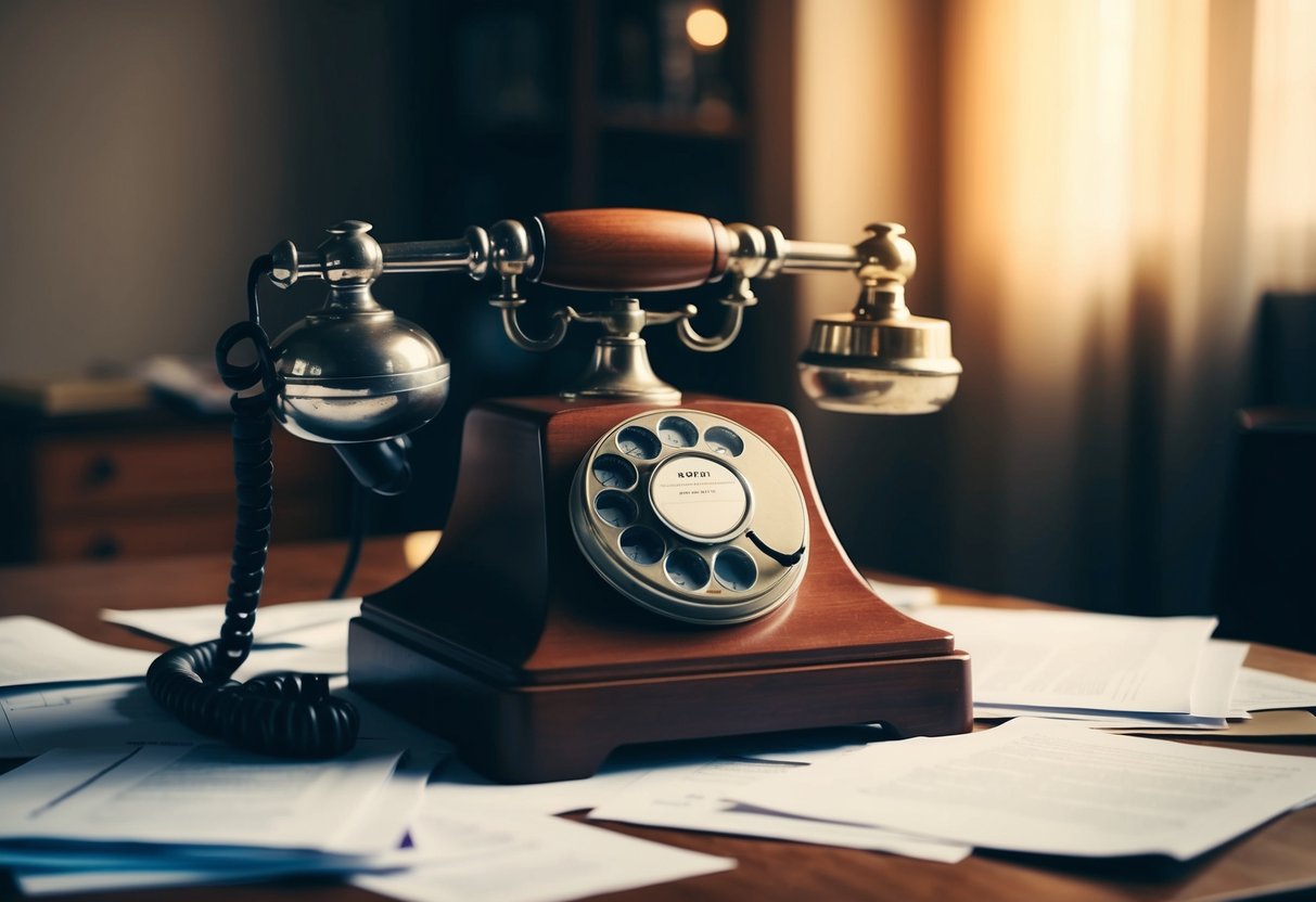 A vintage rotary phone sits on a wooden desk, surrounded by scattered papers and a dimly lit room