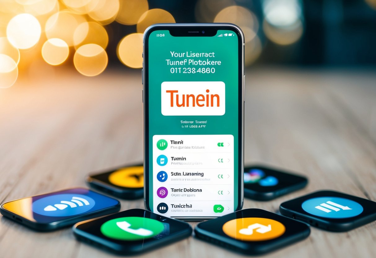 TuneIn Contact Phone Number A smartphone with TuneIn app open, surrounded by various listening options and the TuneIn contact phone number displayed