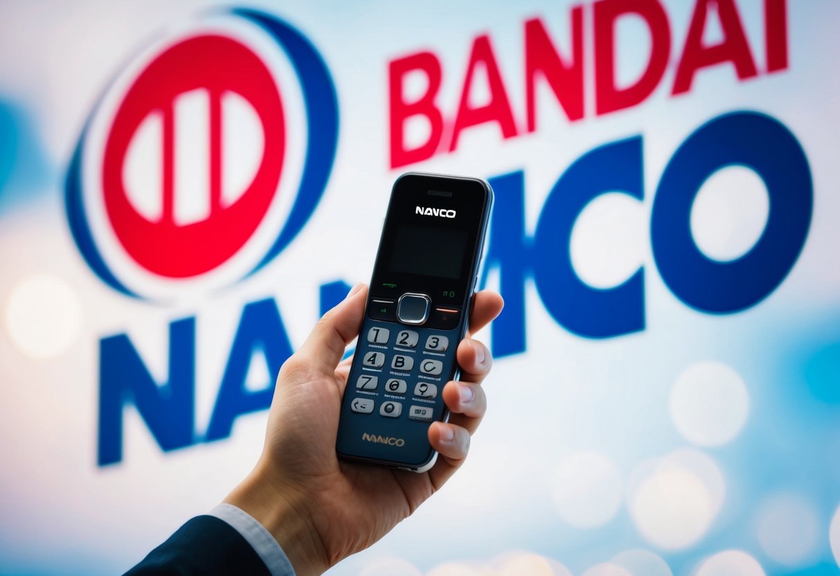 A hand holding a phone, dialing a number with the Bandai Namco logo in the background