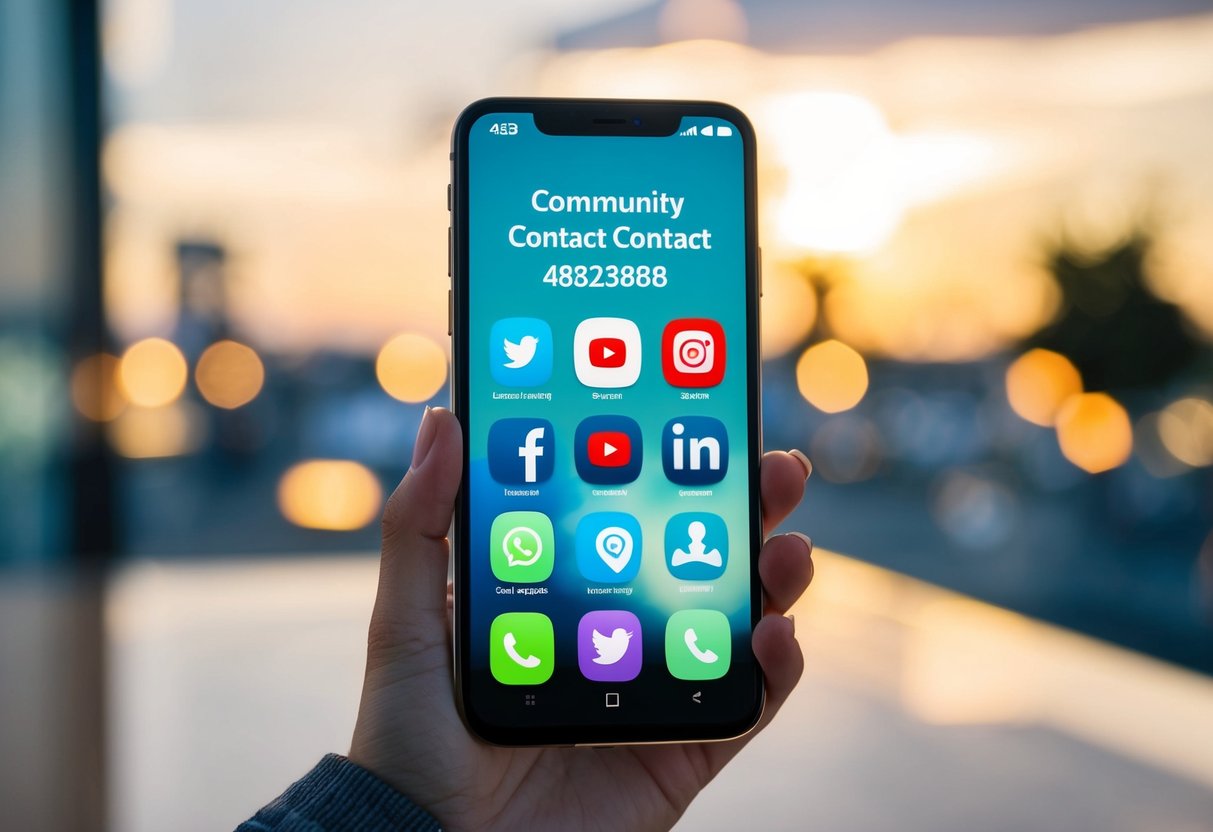 TuneIn Contact Phone Number A smartphone with various social media icons and a community contact phone number displayed on the screen