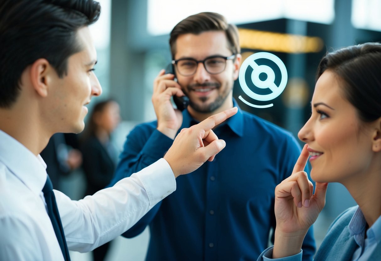 A person pointing to a phone with a ringing sound wave emanating from it, while another person listens attentively with a nod