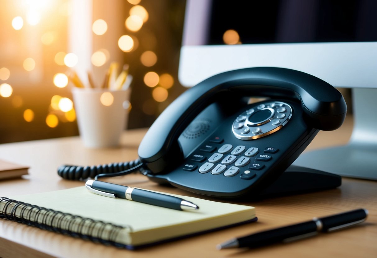 A ringing phone on a cluttered desk with a notepad and pen