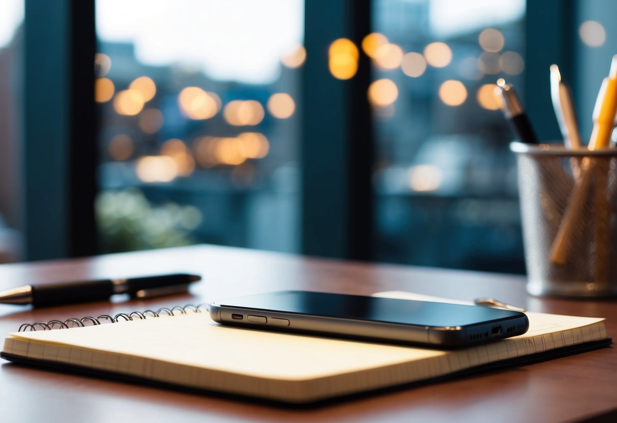 A phone resting on a desk, with a notepad and pen nearby