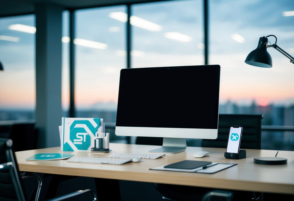 A modern office desk with a computer, phone, and branded materials