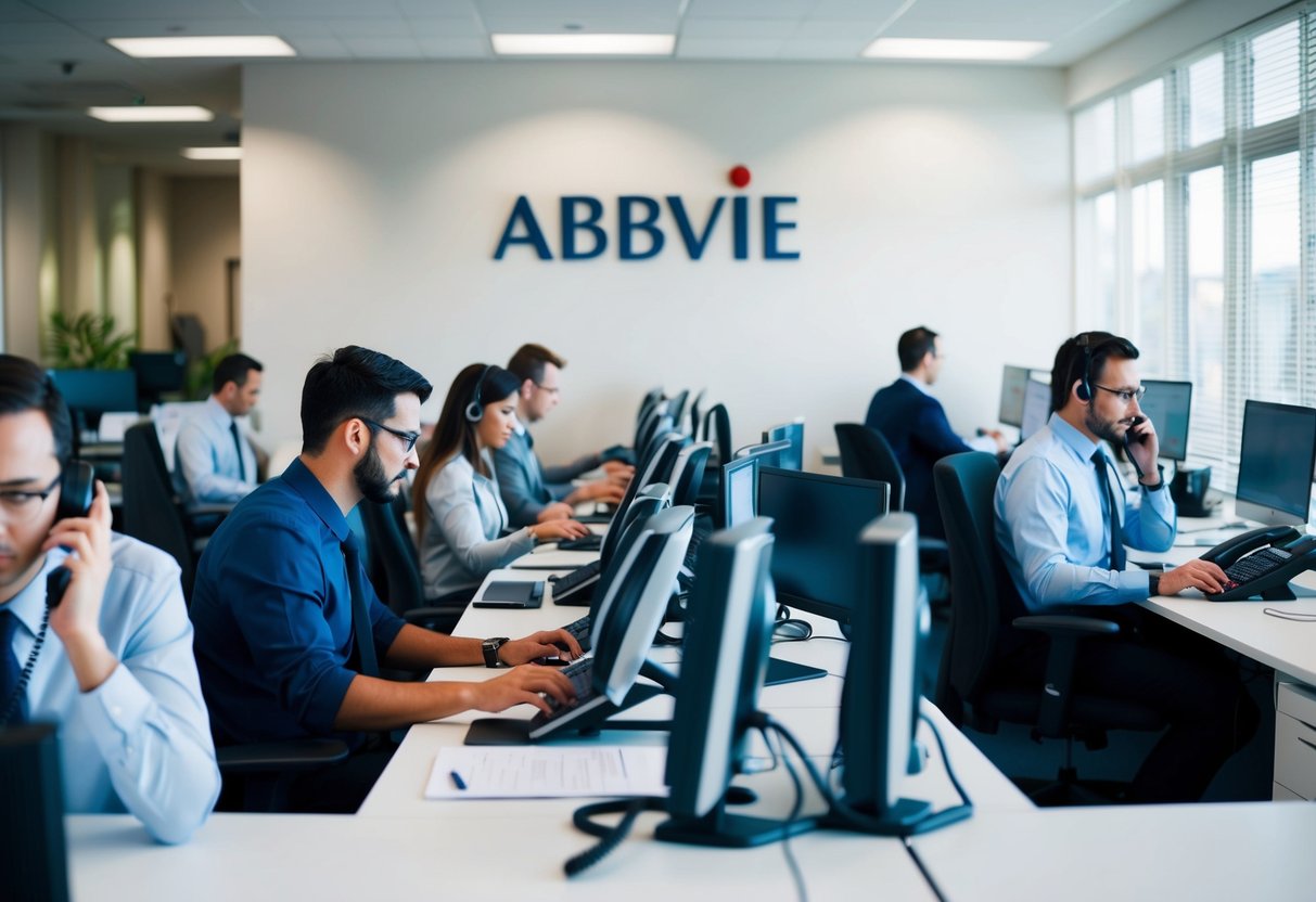 A bustling office with employees at desks, phones ringing, and a prominent AbbVie logo on the wall