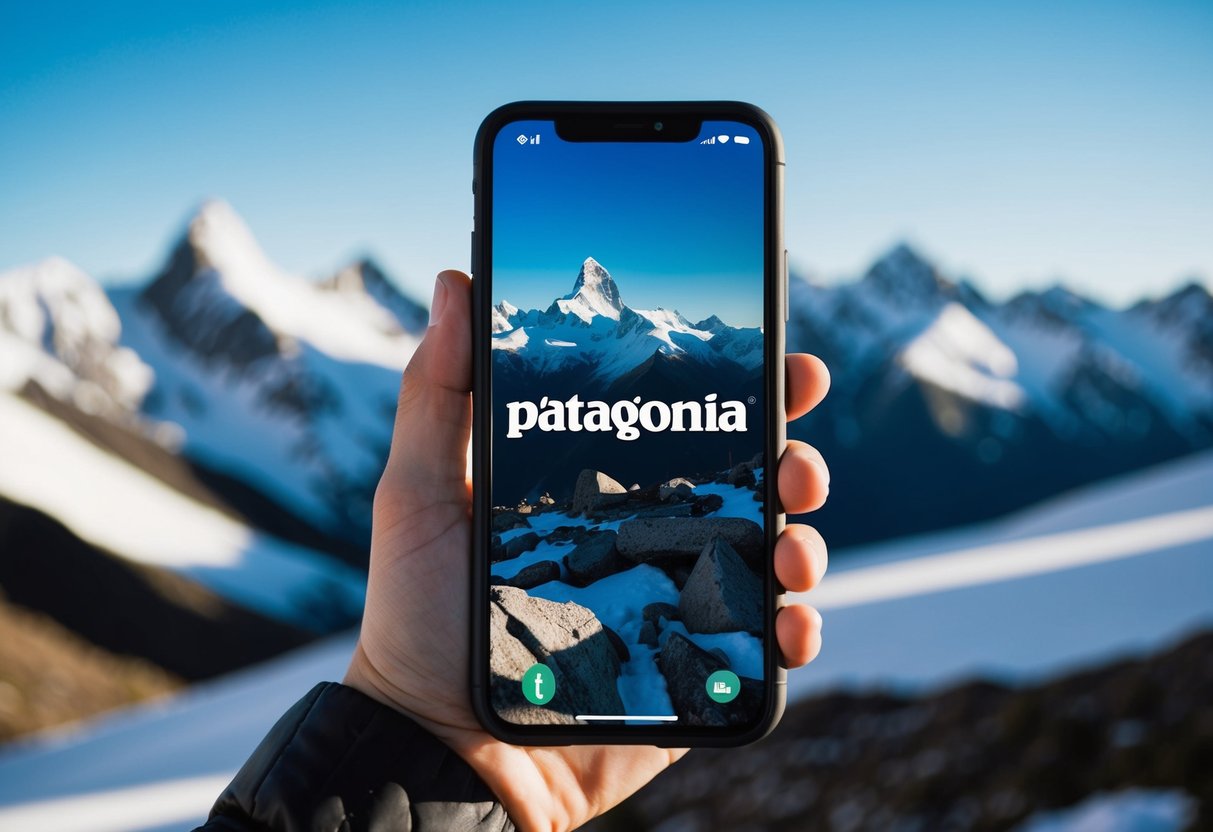 A phone with a Patagonia logo on the screen, surrounded by a mountainous landscape with snow-capped peaks and a clear blue sky