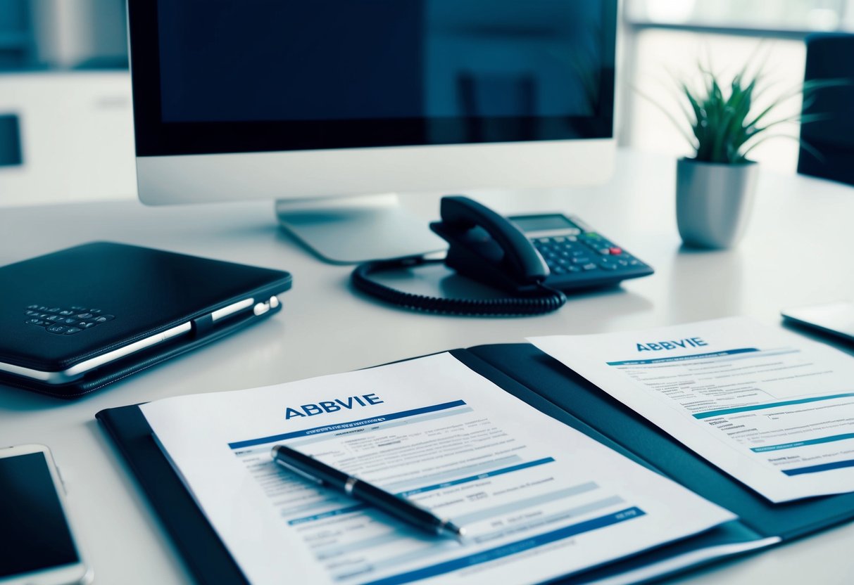 A sleek, modern office desk with a phone, computer, and official documents. A logo of AbbVie is visible on the documents