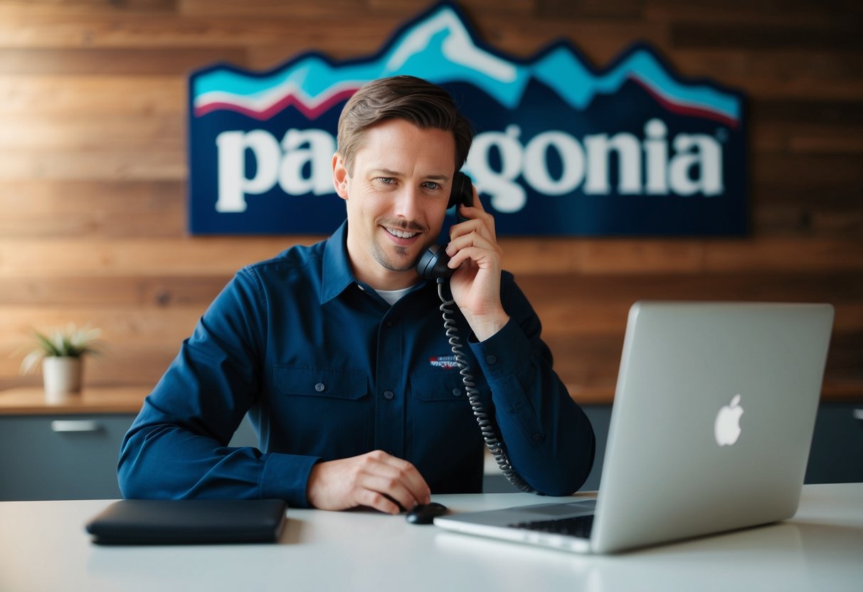 A customer service representative speaking on the phone with a Patagonia logo in the background