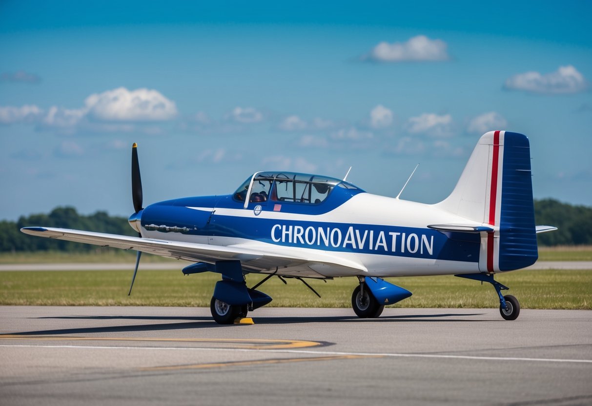 A vintage airplane with the logo of Chrono Aviation on the side, parked on a runway with a clear blue sky in the background