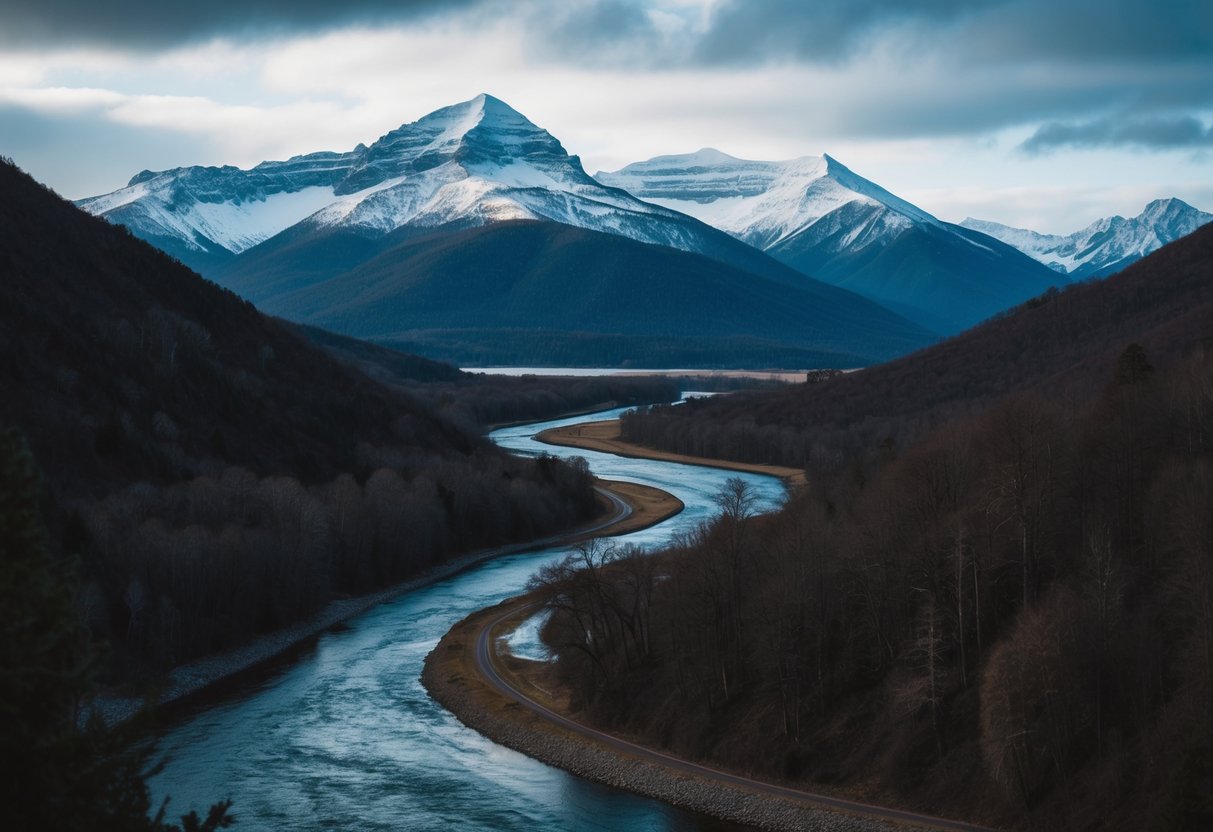 A rugged landscape with a snow-capped mountain range in the background, a winding river, and a lush forest in the foreground