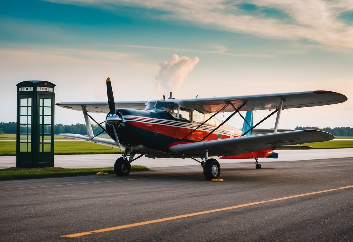 A vintage airplane parked on a runway, with a phone booth nearby