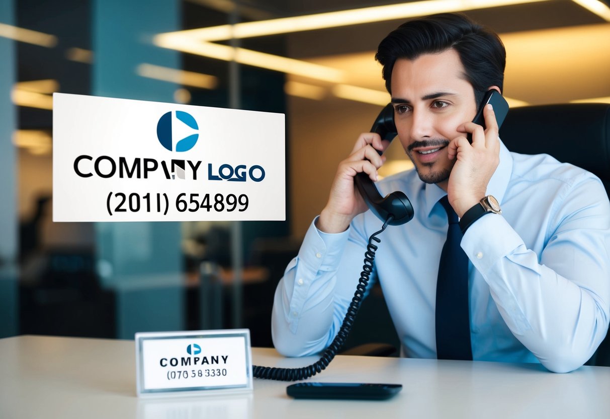 A person answering a phone at a desk with the company logo and phone number displayed prominently