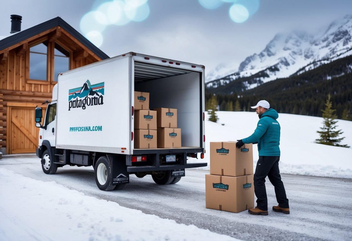 A delivery truck parked outside a cozy cabin in a snowy mountain landscape. A driver unloads boxes marked with the Patagonia logo