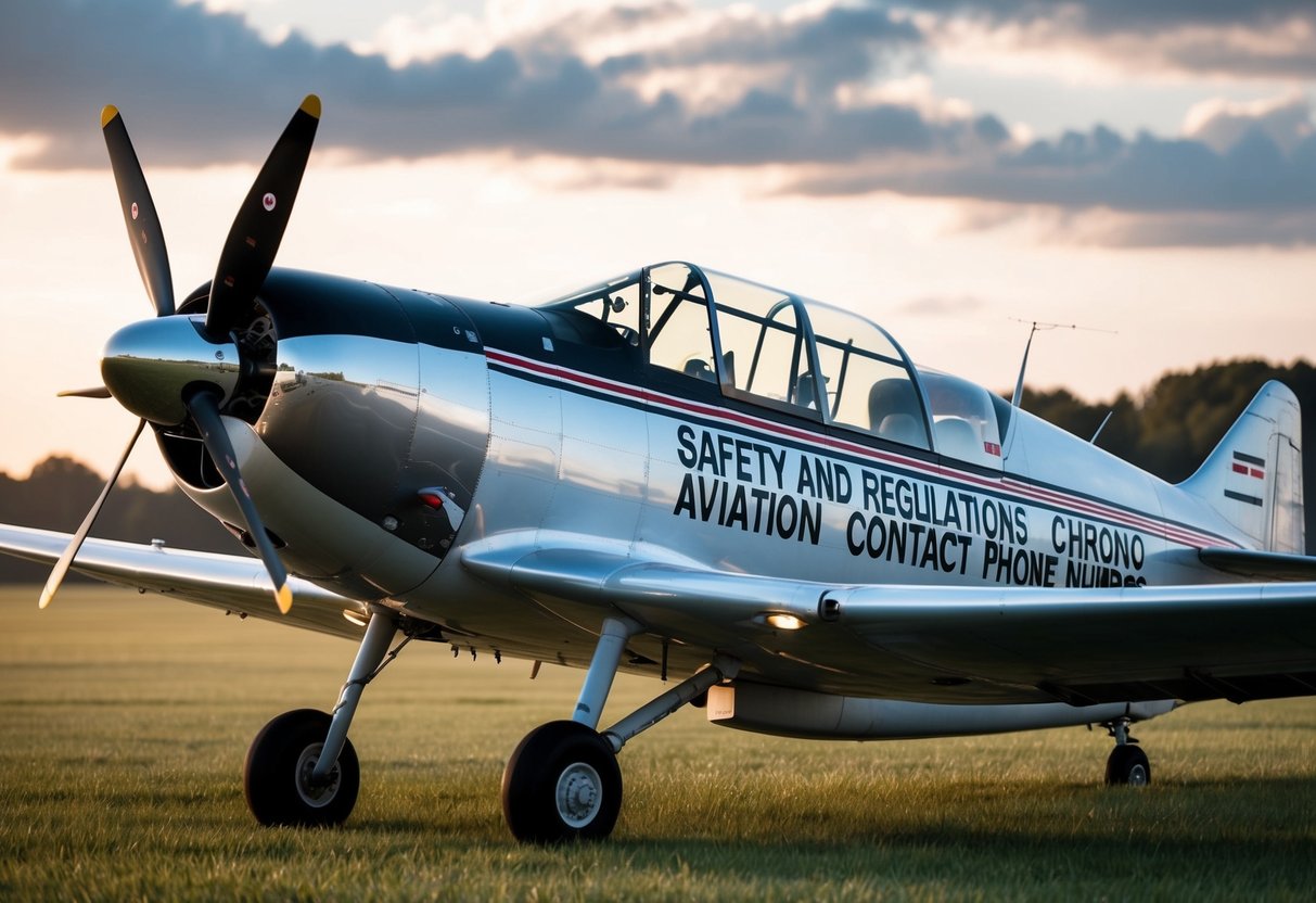 A vintage airplane with "Safety and Regulations Chrono Aviation Contact Phone Number" displayed prominently on its fuselage