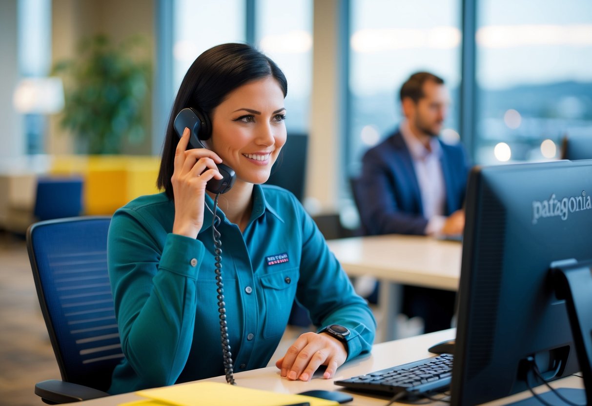 A customer service representative answers the phone at Patagonia headquarters, ready to assist with returns and exchanges