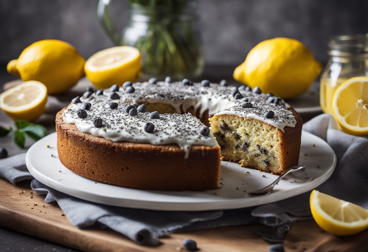 Uma mesa de cozinha rústica com um bolo de limão e sementes de papoula caseiro recém-assado, cercado por limões e sementes de papoula.