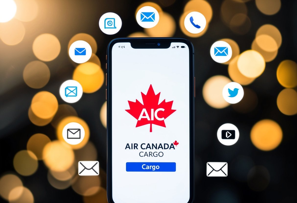 Air Canada Cargo Contact Phone Number A phone with the Air Canada Cargo logo displayed on the screen, surrounded by various contact options such as email, website, and social media icons