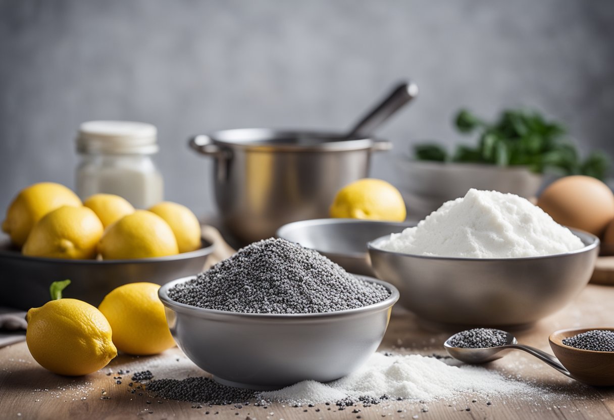 Uma bancada de cozinha com limões, sementes de papoula, farinha, açúcar e ovos, junto com uma tigela de mistura, um batedor e uma forma de assar para fazer bolo caseiro de limão com sementes de papoula.