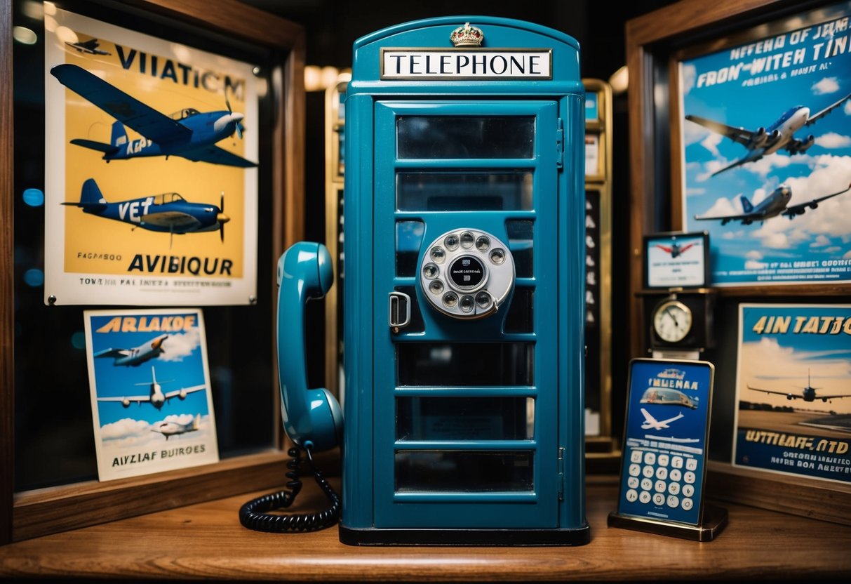 A vintage telephone booth with a rotary phone, surrounded by aviation-related memorabilia and vintage posters
