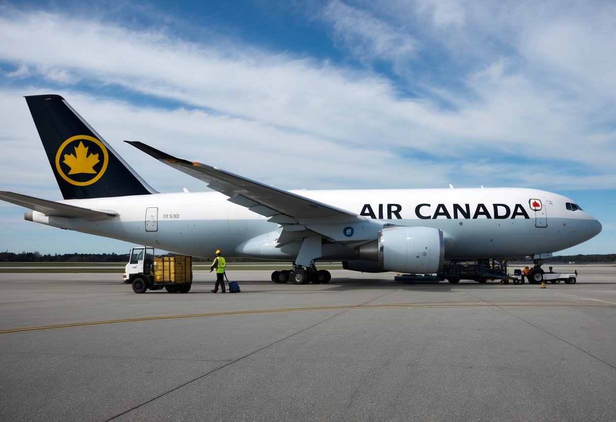 Air Canada Cargo Contact Phone Number A cargo plane with the Air Canada logo parked on the tarmac, with workers loading and unloading cargo onto the aircraft